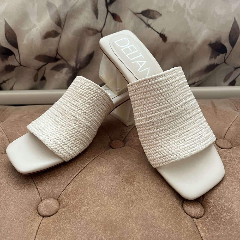 Deltan Slide Sandals White Open Toe Square Lucite Heel Dress Shoe Womens Sz 7.5M
